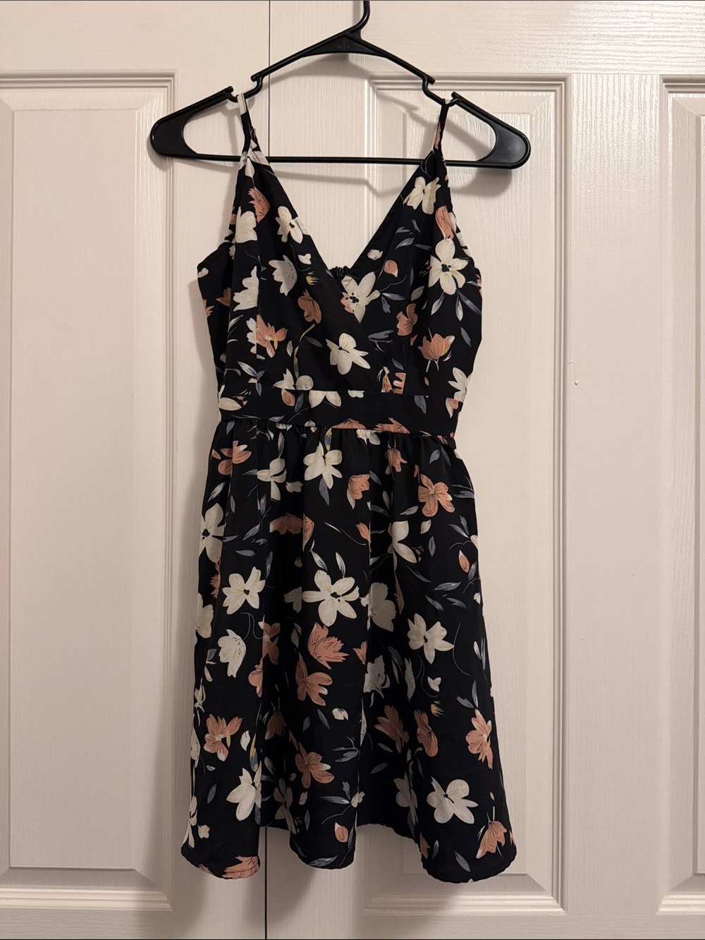 SHEIN Black Floral Spaghetti Strap Mini Dress with Cream & Blush Flowers